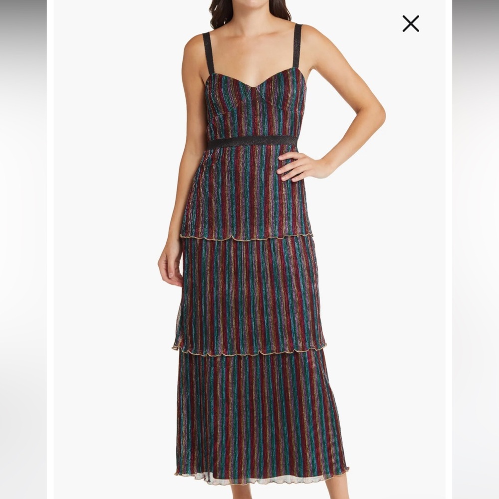 NWT-Aviva Metallic Stripe Tiered Midi Dress